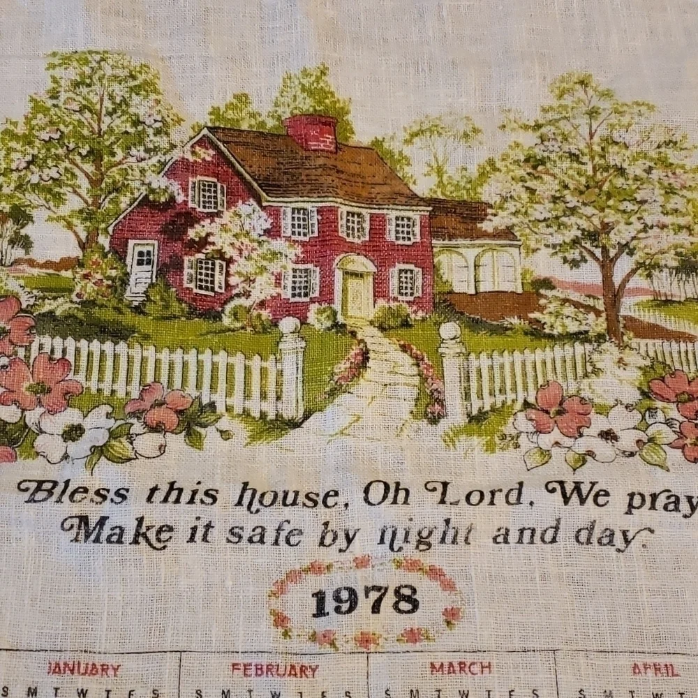 Vintage 78 linen Calendar Tea Towel bless this House Prayer Greens and Pinks